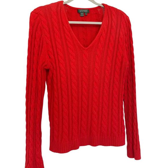 Ralph Lauren Women's V-Neck Cable Knit Red Orange Sweater 100% Cotton Size Large - Picture 1 of 6